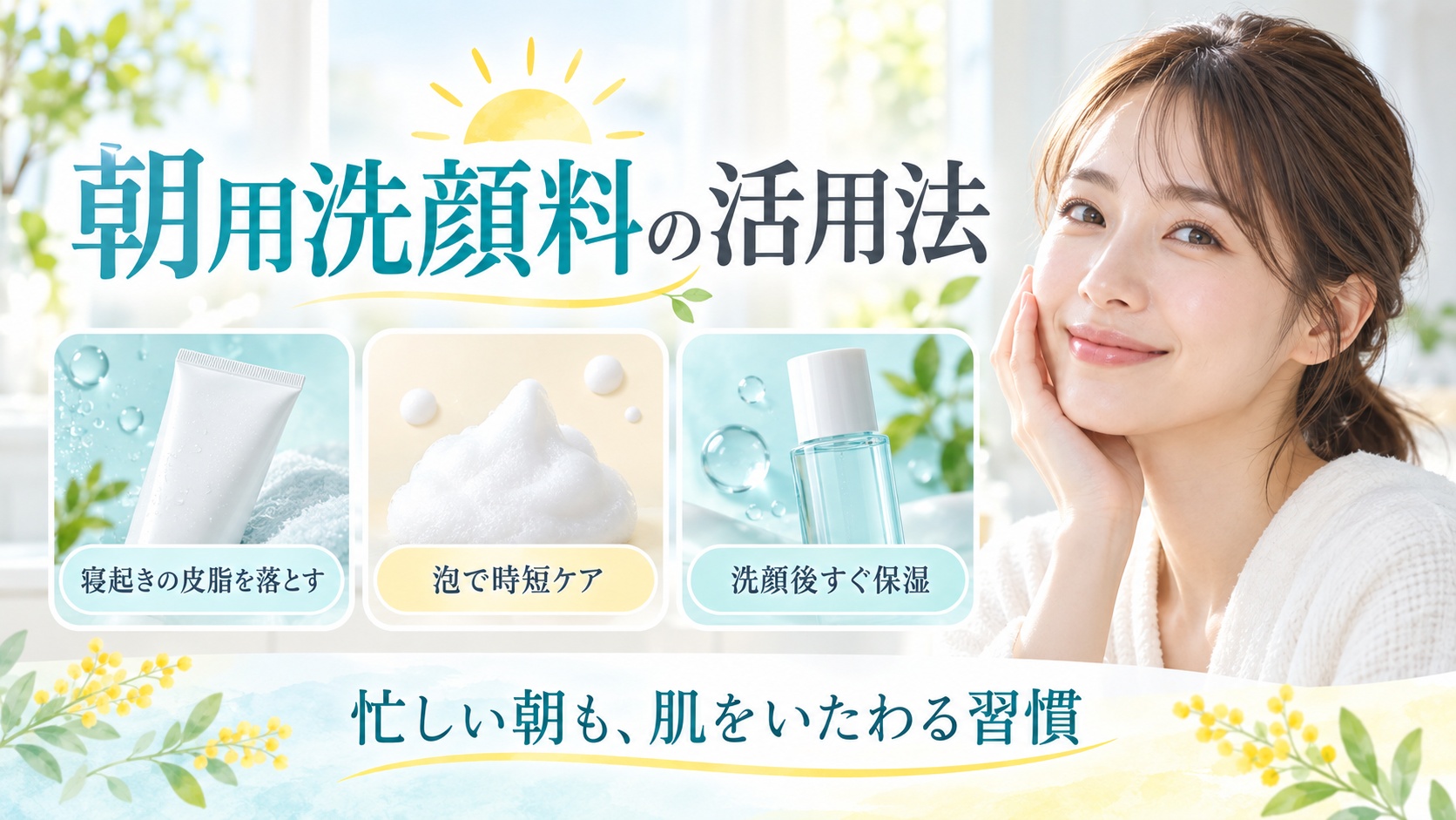 朝用洗顔料の活用法を解説する女性アドバイザーと3枚の洗顔カード