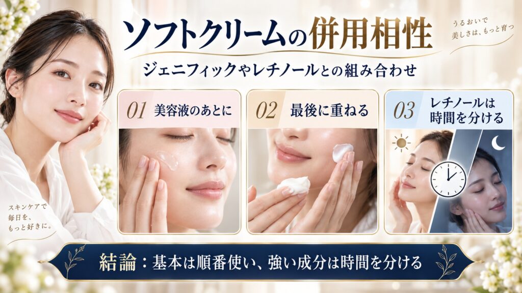 アプソリュ ソフトクリームとジェニフィックやレチノールの組み合わせを解説するBeauty Board
