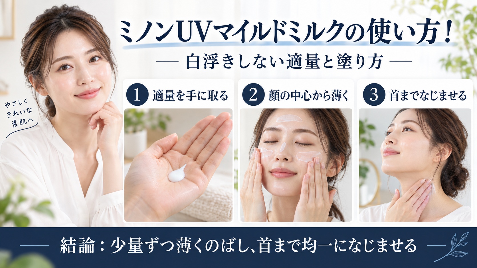 ミノンUVマイルドミルクの適量と白浮きしない塗り方を解説するBeauty Board