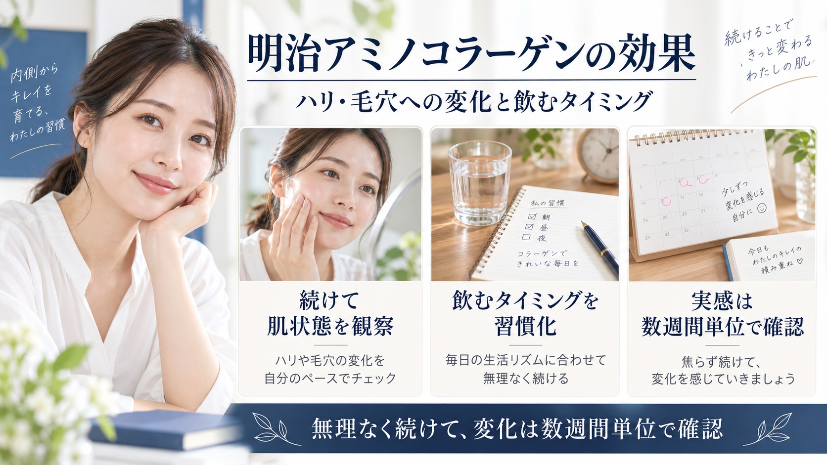 明治アミノコラーゲンの肌のハリや毛穴への変化、飲むタイミングと実感期間を解説するBeauty Board
