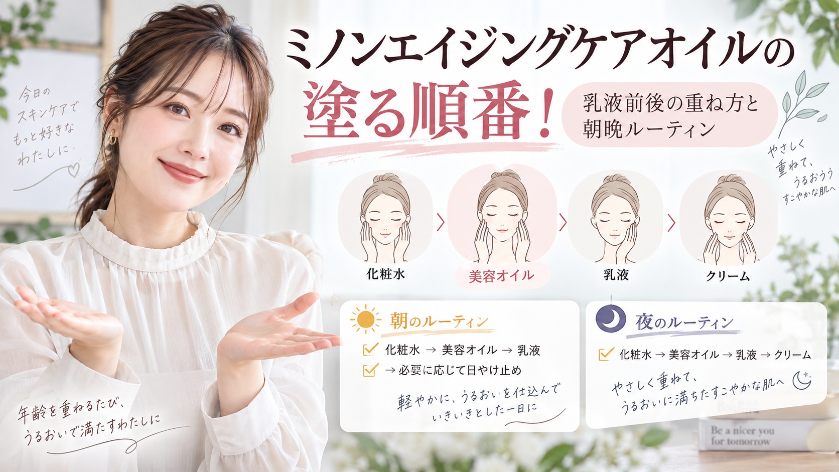 ミノンエイジングケアオイルの塗る順番！乳液前後の重ね方と朝晩ルーティン Beauty Board