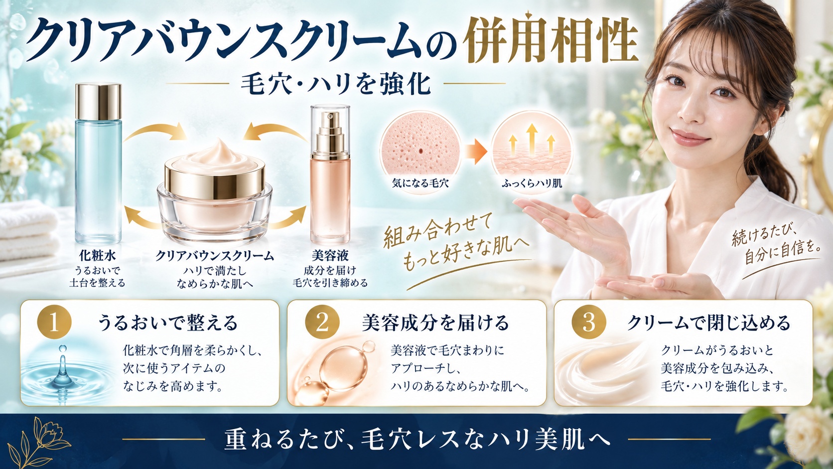 ベネフィーククリアバウンスクリームの併用相性!毛穴ハリ強化