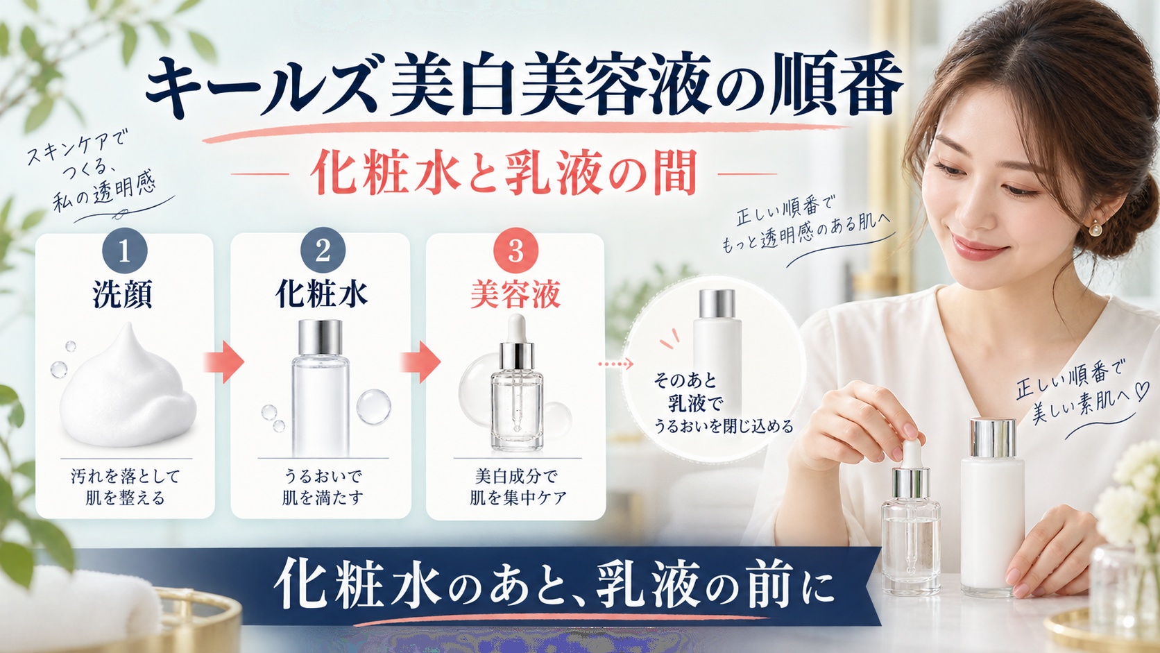 キールズ透明美白美容液の順番!化粧水と乳液の間の正しい重ね方