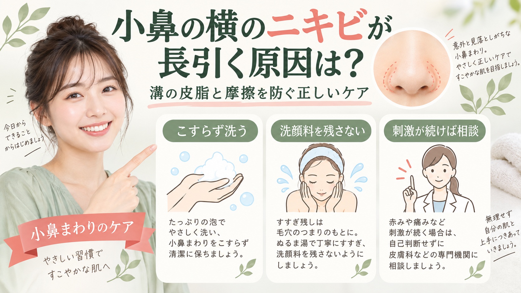 小鼻の横のニキビが長引く原因は?溝の皮脂と摩擦を防ぐ正しいケア