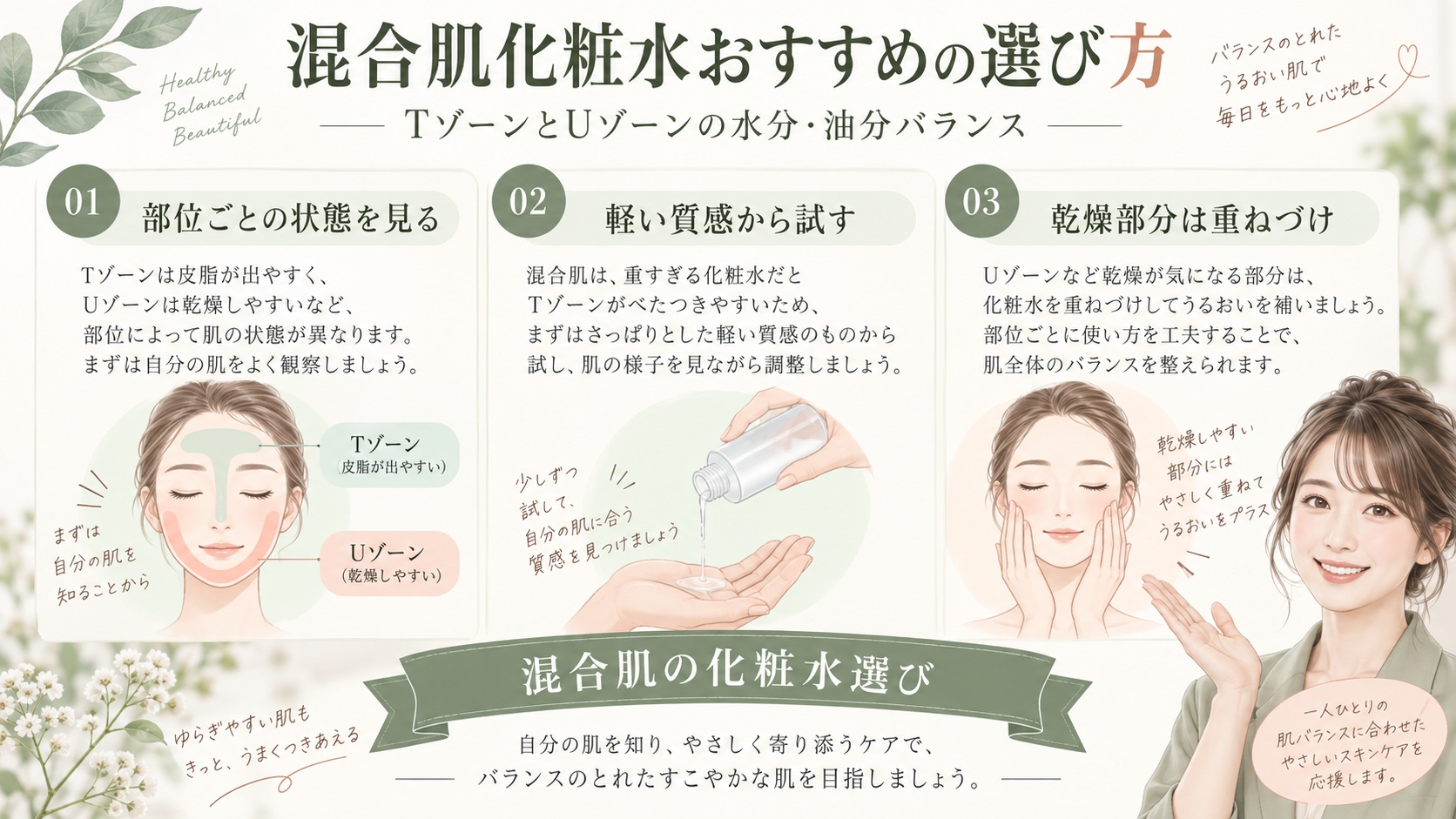 混合肌化粧水おすすめの選び方！TゾーンとUゾーンの水分油分バランス術