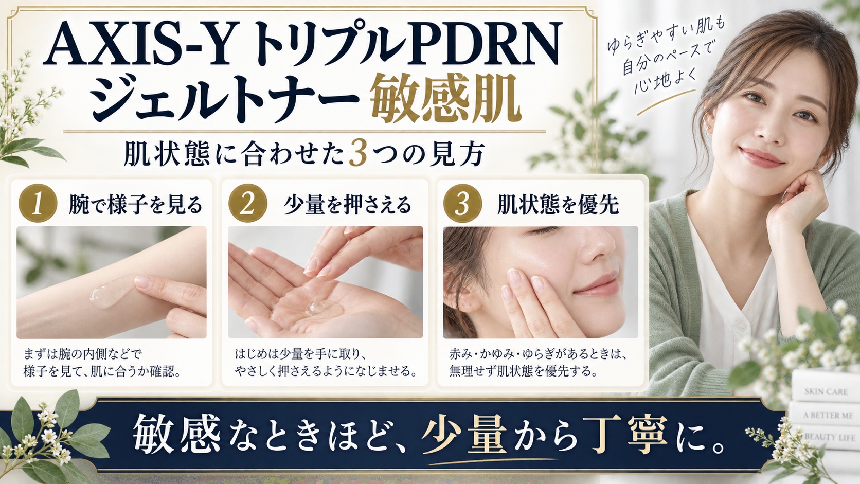 AXIS-Y トリプルPDRN ジェルトナー 敏感肌を3ステップで示すアイキャッチ