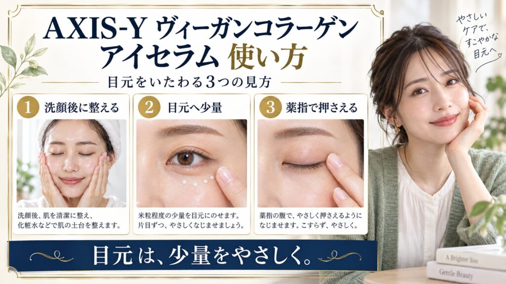 AXIS-Y ヴィーガンコラーゲン アイセラム 使い方を3ステップで示すアイキャッチ