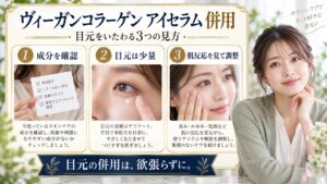 AXIS-Y ヴィーガンコラーゲン アイセラム 併用を3ステップで示すアイキャッチ
