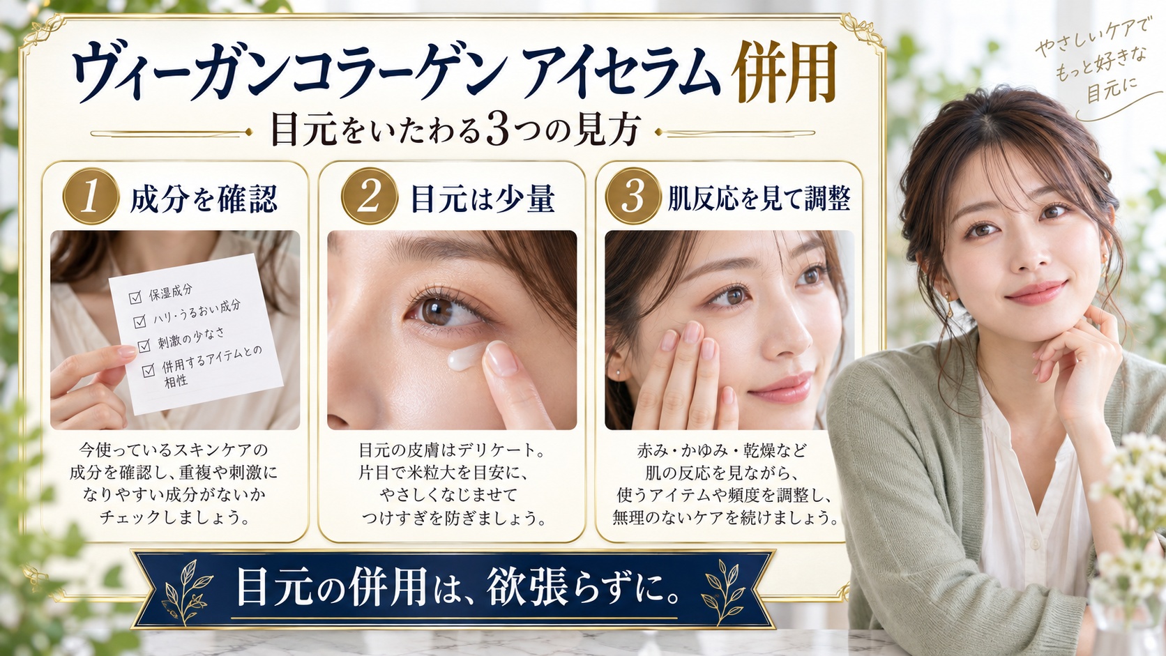 AXIS-Y ヴィーガンコラーゲン アイセラム 併用を3ステップで示すアイキャッチ