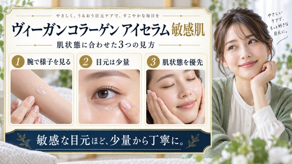 AXIS-Y ヴィーガンコラーゲン アイセラム 敏感肌を3ステップで示すアイキャッチ