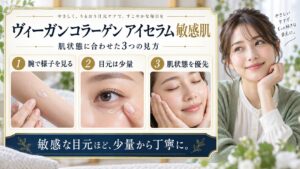 AXIS-Y ヴィーガンコラーゲン アイセラム 敏感肌を3ステップで示すアイキャッチ