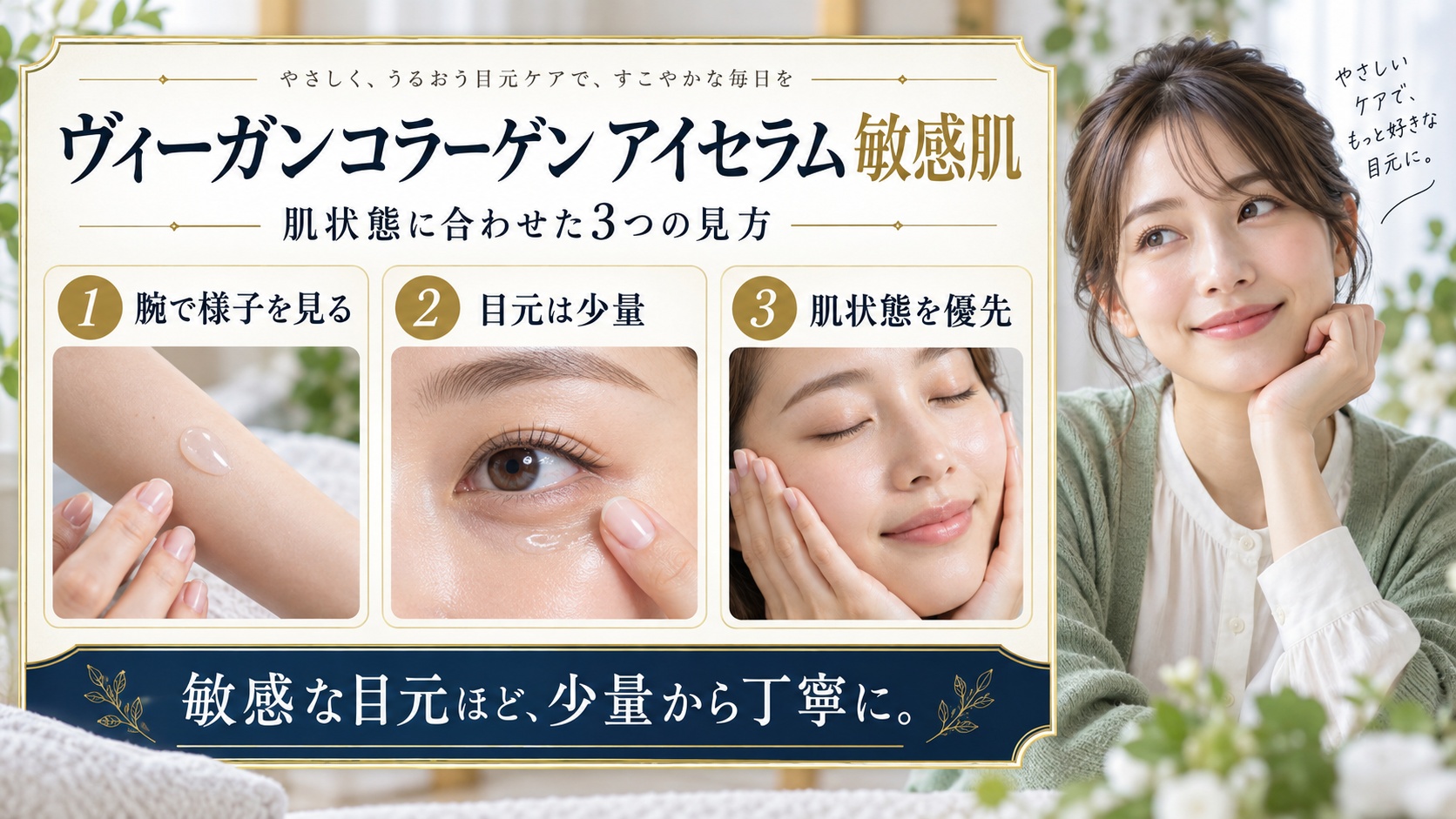 AXIS-Y ヴィーガンコラーゲン アイセラム 敏感肌を3ステップで示すアイキャッチ