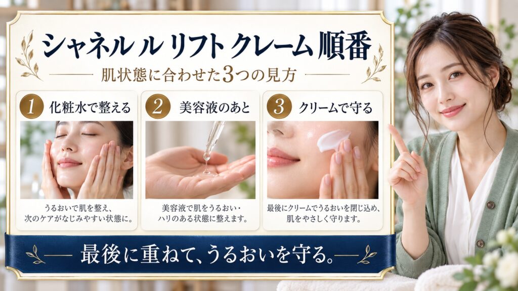 シャネル ル リフト クレーム 順番を3ステップで示すアイキャッチ