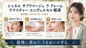 シャネル サブリマージュ ラ クレーム テクスチャー ユニヴェルセル 順番を3ステップで示すアイキャッチ