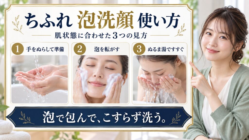 ちふれ 泡洗顔 使い方を3ステップで示すアイキャッチ