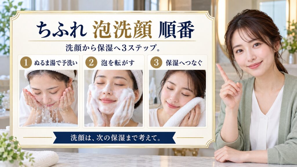 ちふれ 泡洗顔 順番を3ステップで示すアイキャッチ