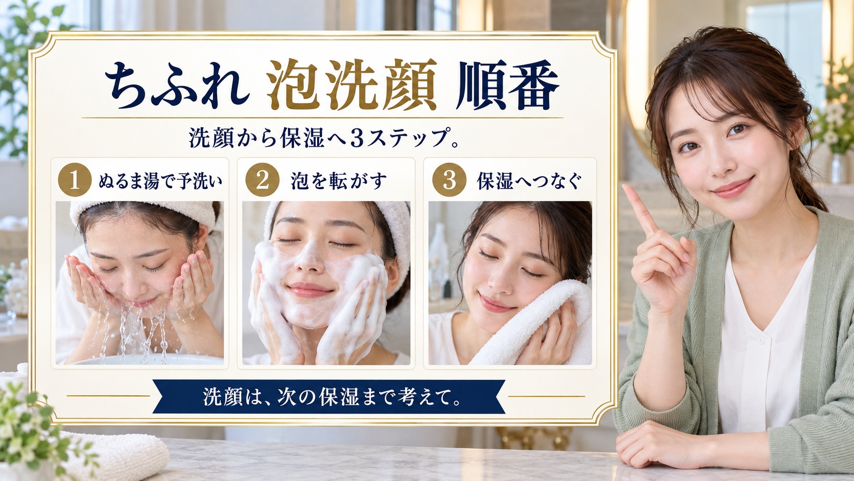 ちふれ 泡洗顔 順番を3ステップで示すアイキャッチ
