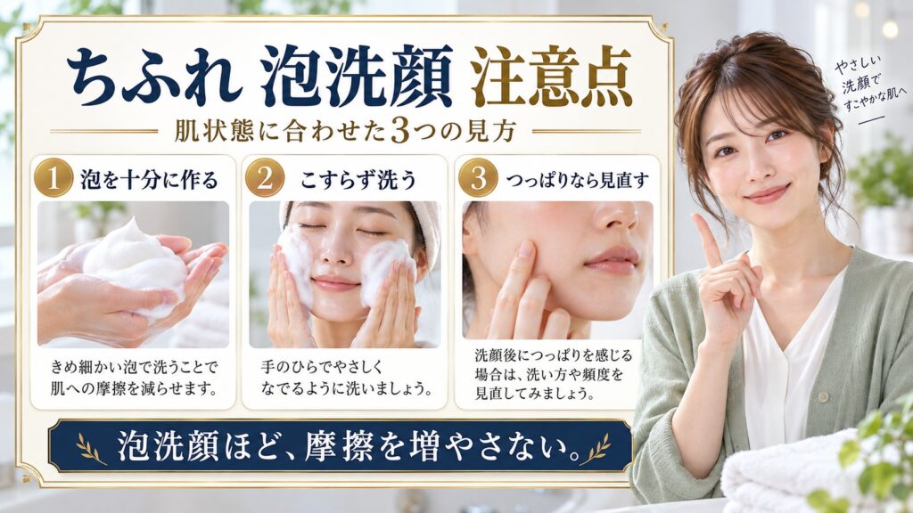 ちふれ 泡洗顔 注意点を3ステップで示すアイキャッチ