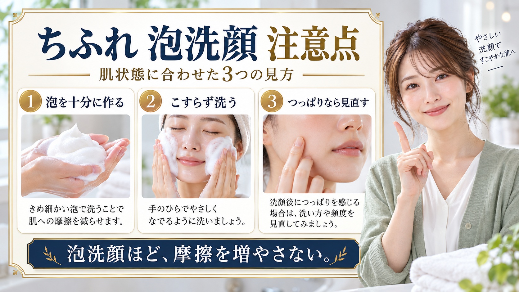 ちふれ 泡洗顔 注意点を3ステップで示すアイキャッチ