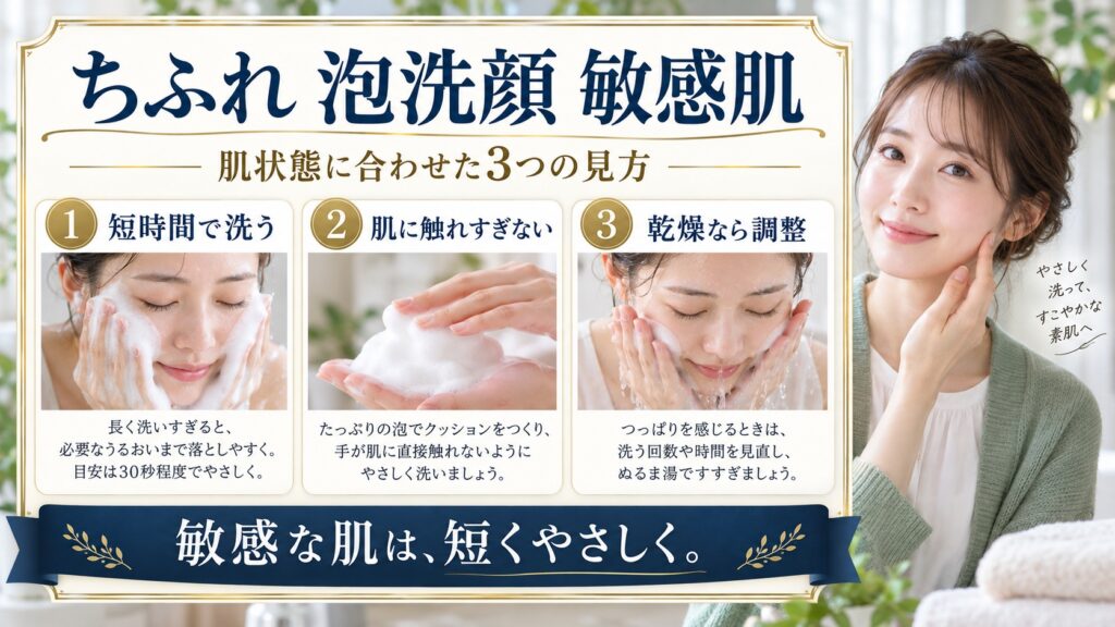 ちふれ 泡洗顔 敏感肌を3ステップで示すアイキャッチ