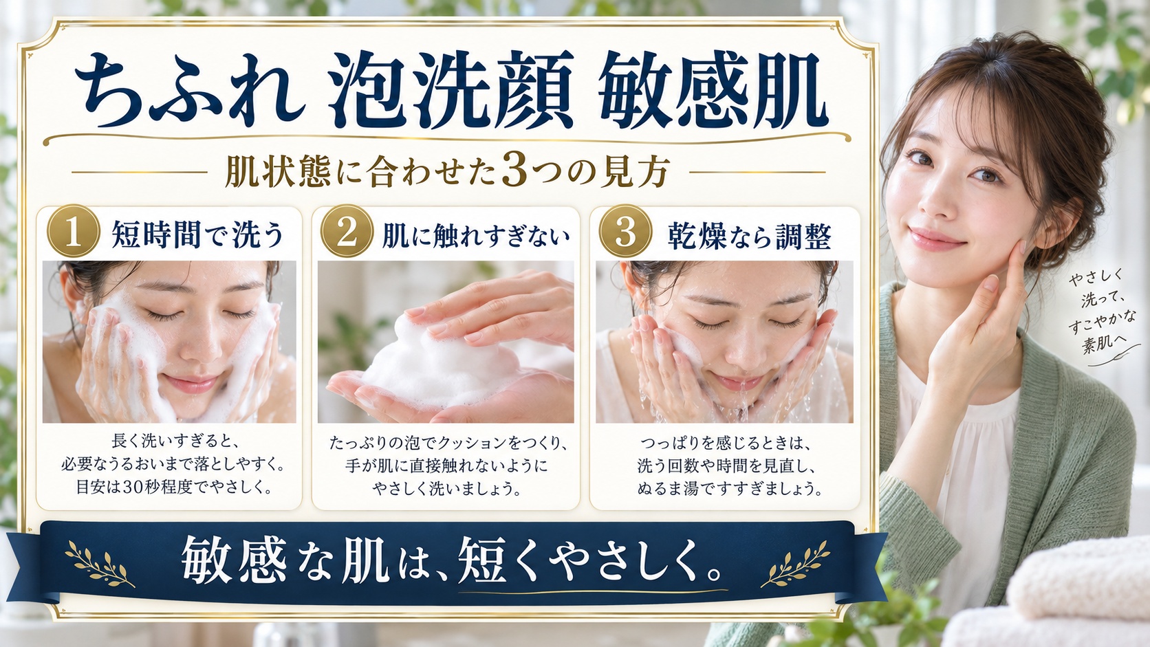 ちふれ 泡洗顔 敏感肌を3ステップで示すアイキャッチ