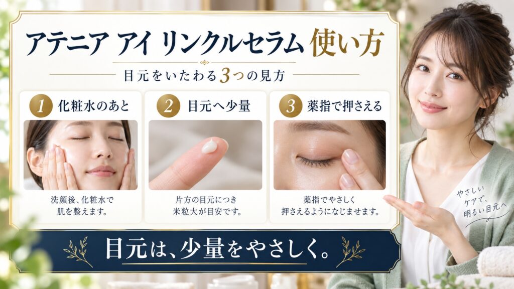 アテニア アイ リンクルセラム 使い方を3ステップで示すアイキャッチ
