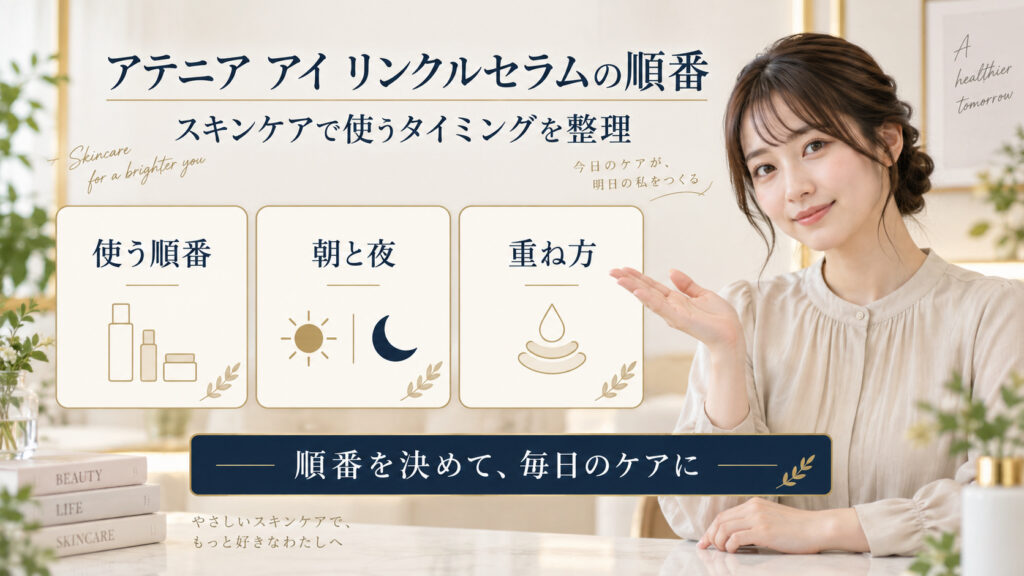 アテニア アイ リンクルセラム 順番を3ステップで示すアイキャッチ