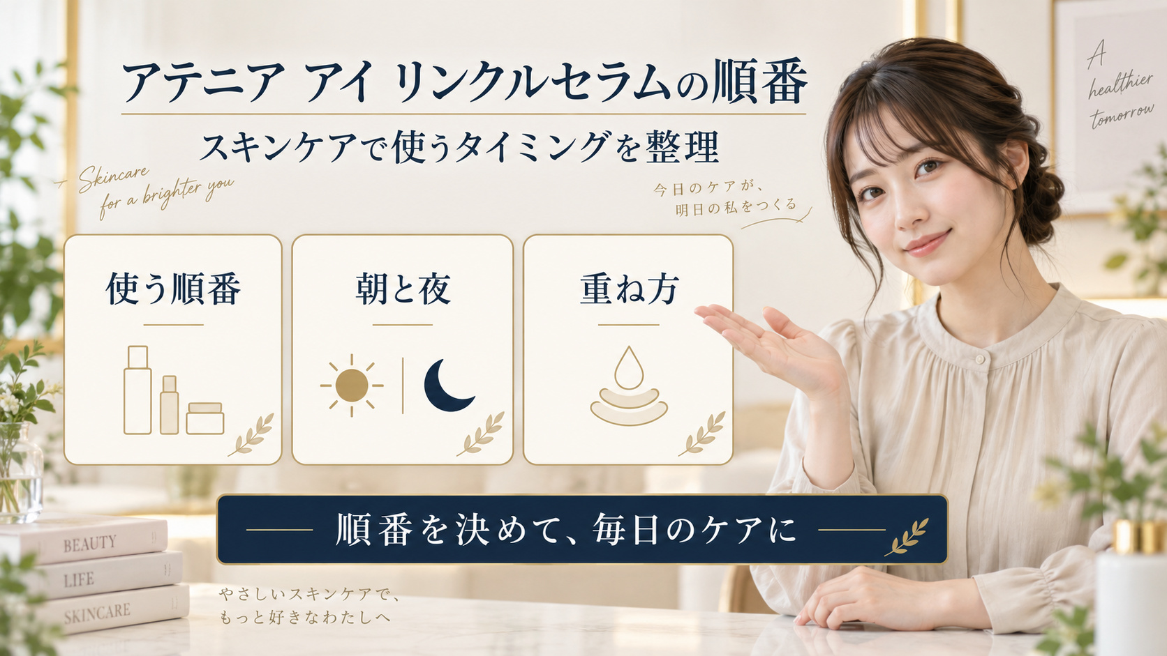 アテニア アイ リンクルセラム 順番を3ステップで示すアイキャッチ