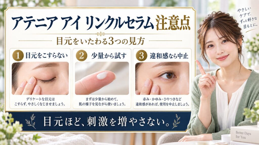 アテニア アイ リンクルセラム 注意点を3ステップで示すアイキャッチ