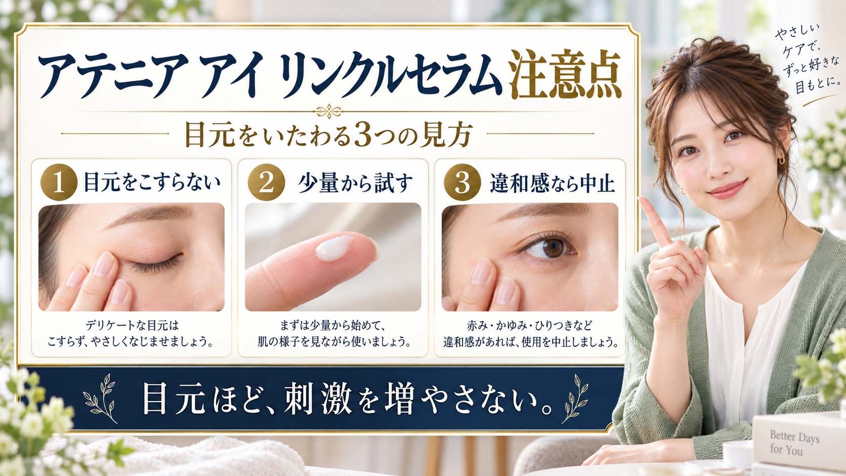 アテニア アイ リンクルセラム 注意点を3ステップで示すアイキャッチ