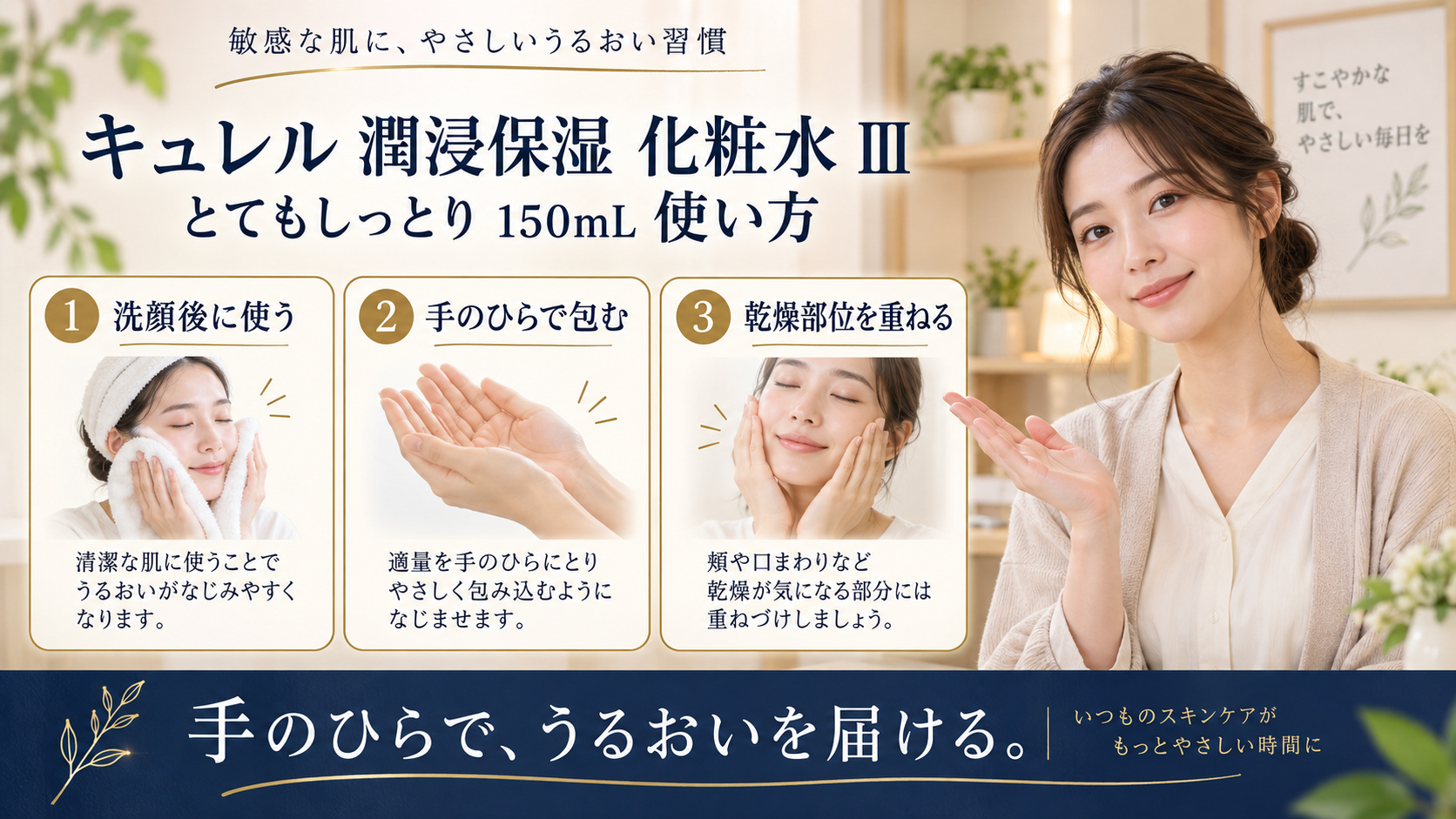 キュレル 潤浸保湿 化粧水 III とてもしっとり 150mL 使い方を3ステップで示すアイキャッチ