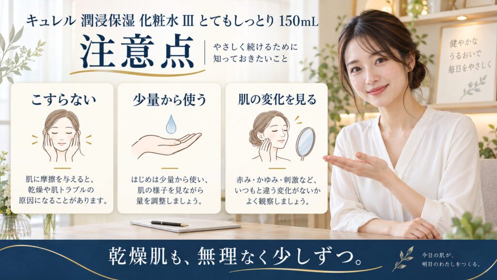 キュレル 潤浸保湿 化粧水 III とてもしっとり 150mL 注意点を3ステップで示すアイキャッチ