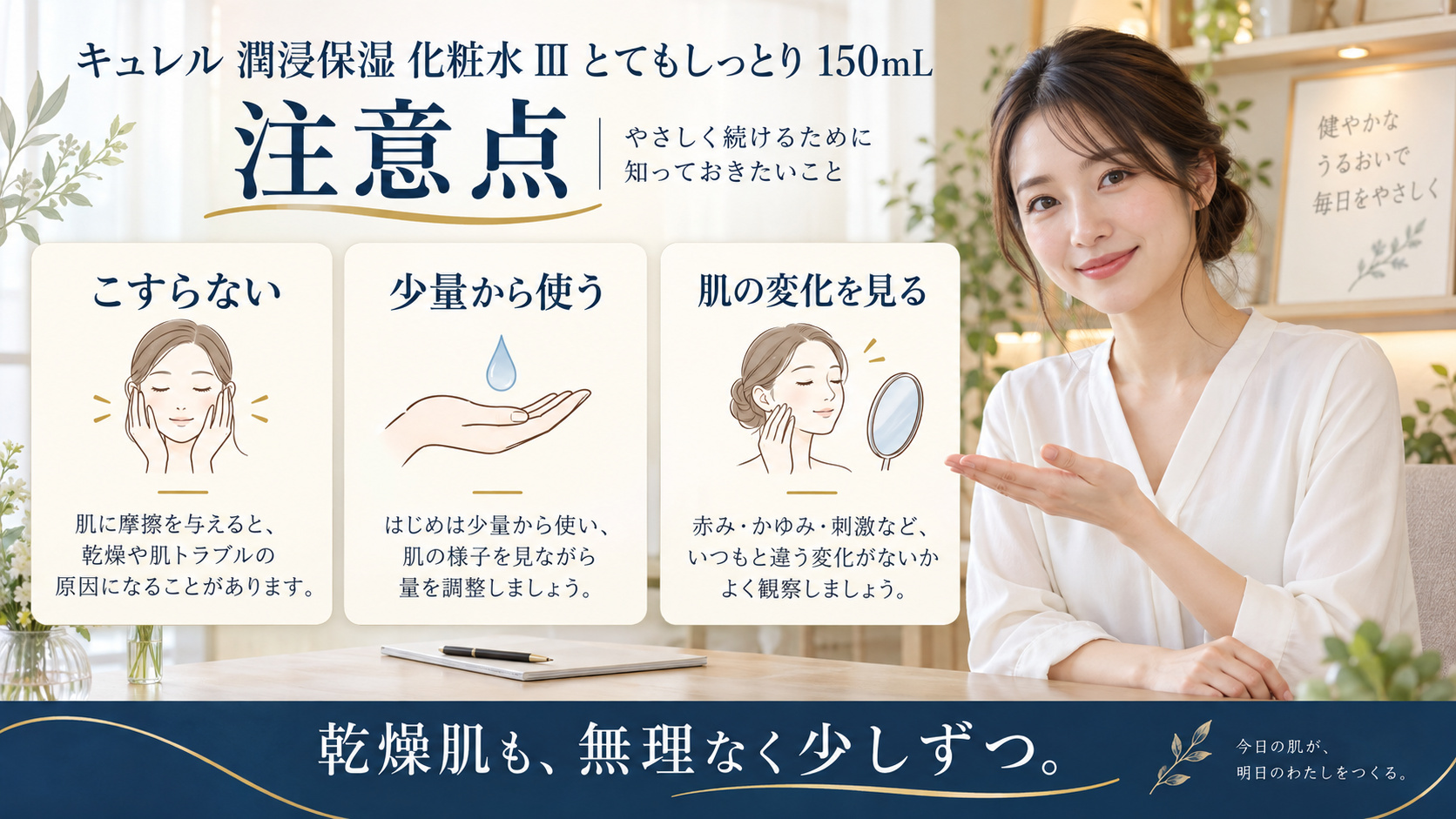 キュレル 潤浸保湿 化粧水 III とてもしっとり 150mL 注意点を3ステップで示すアイキャッチ