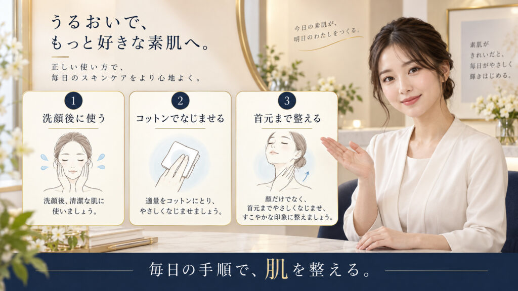 クレ・ド・ポー ボーテ ローションエサンシエルC 使い方を3ステップで示すアイキャッチ