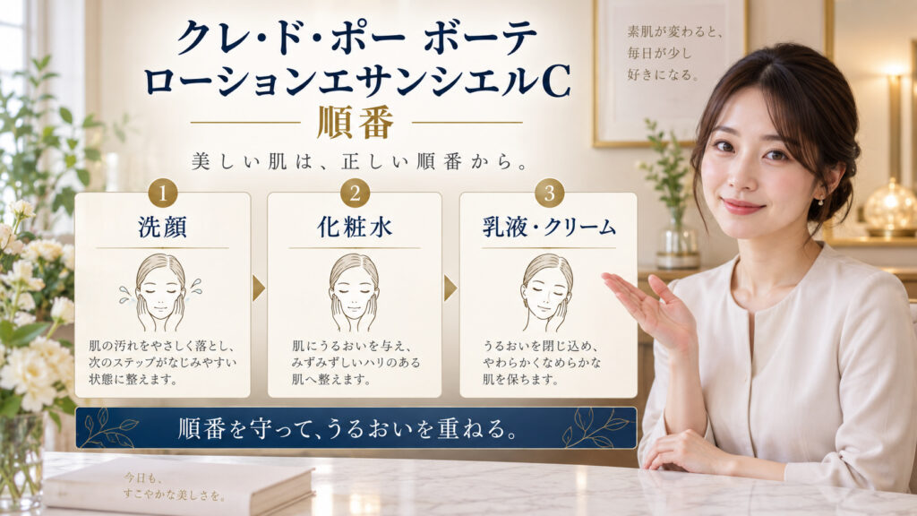 クレ・ド・ポー ボーテ ローションエサンシエルC 順番を3ステップで示すアイキャッチ