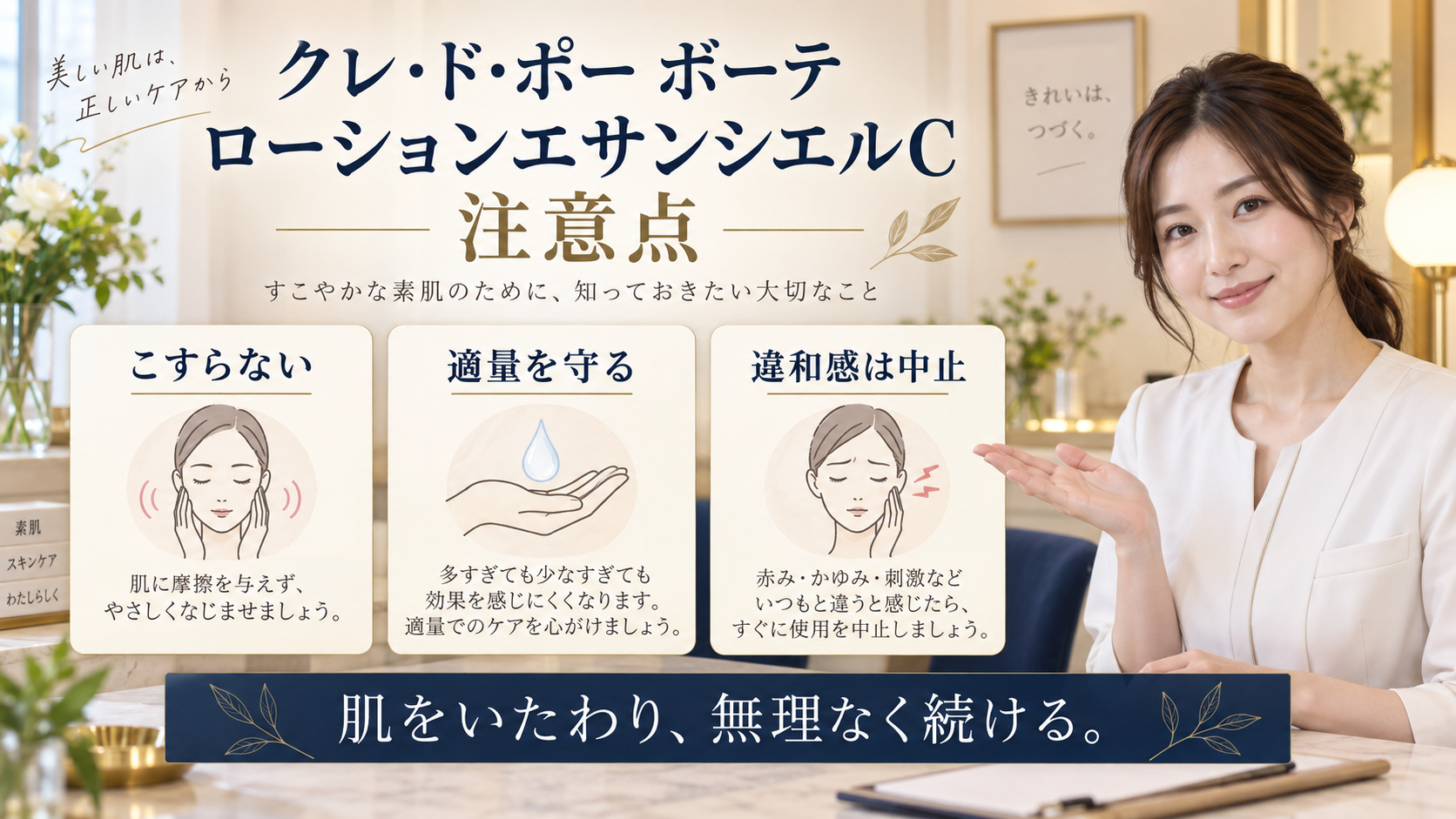 クレ・ド・ポー ボーテ ローションエサンシエルC 注意点を3ステップで示すアイキャッチ
