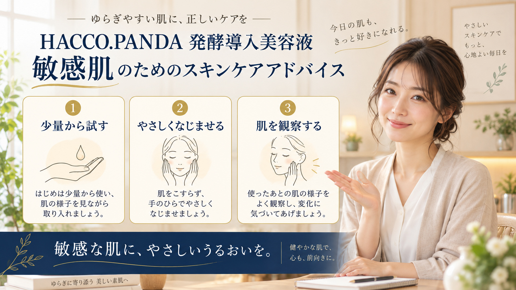 HACCO.PANDA 発酵導入美容液 敏感肌を3ステップで示すアイキャッチ