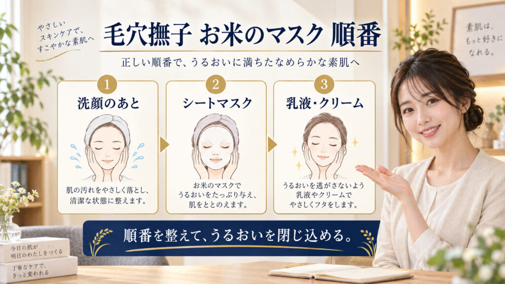 毛穴撫子 お米のマスク 順番を3ステップで示すアイキャッチ