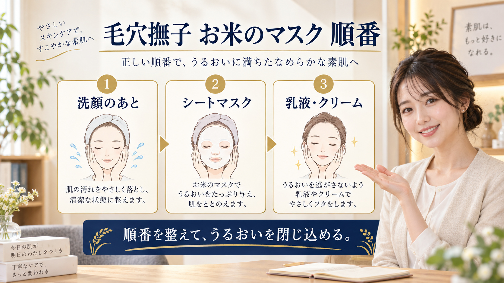 毛穴撫子 お米のマスク 順番を3ステップで示すアイキャッチ