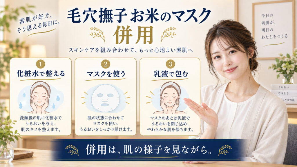 毛穴撫子 お米のマスク 併用を3ステップで示すアイキャッチ