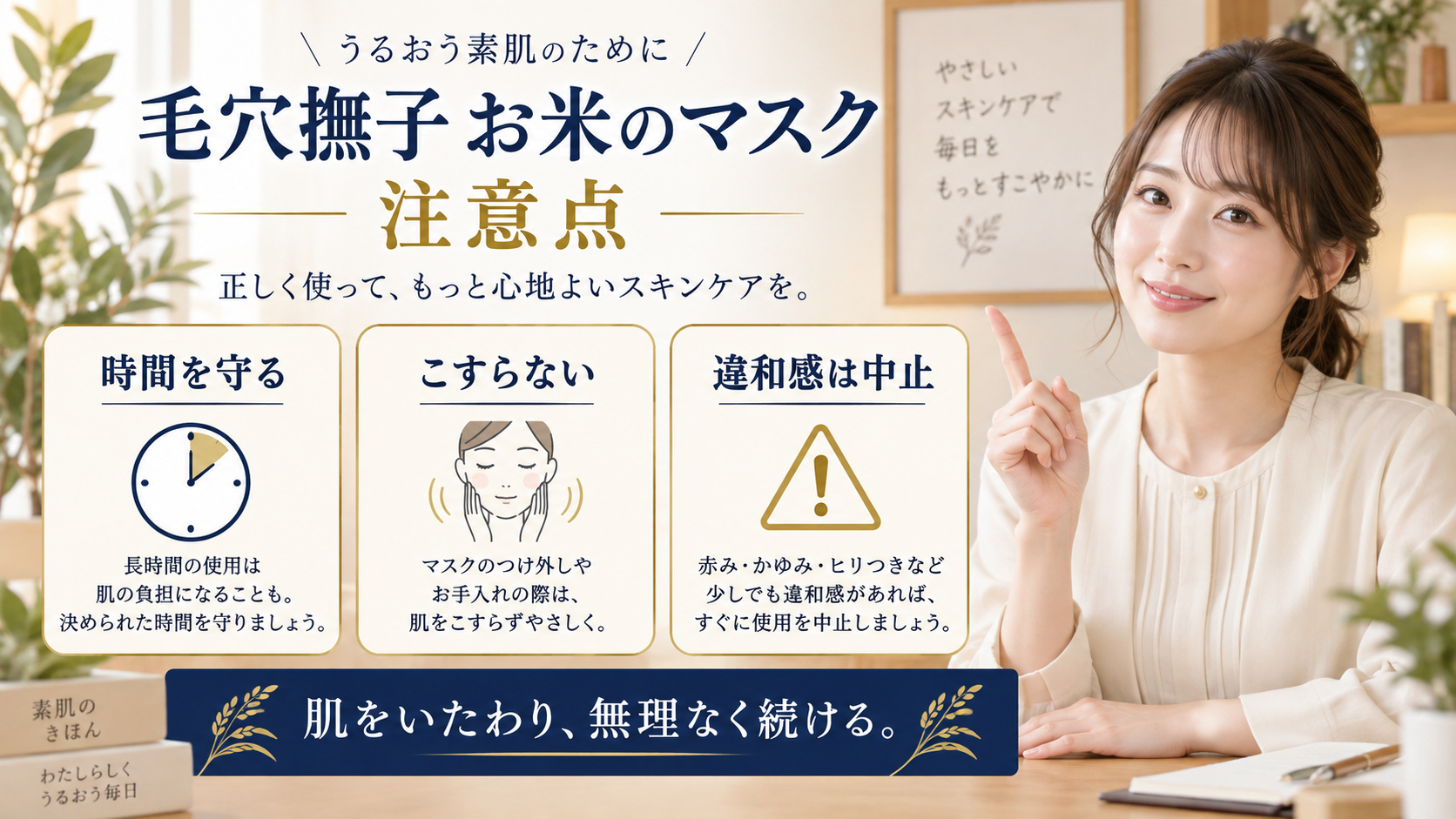 毛穴撫子 お米のマスク 注意点を3ステップで示すアイキャッチ