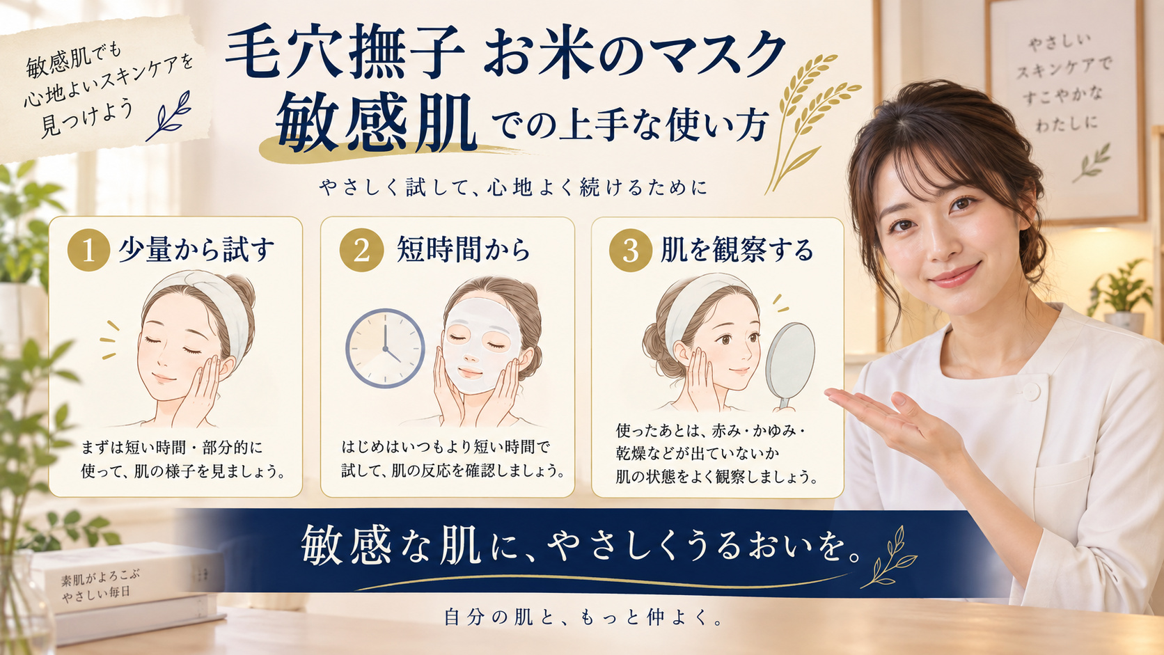 毛穴撫子 お米のマスク 敏感肌を3ステップで示すアイキャッチ