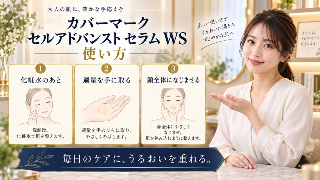 カバーマーク セルアドバンスト セラム WS 使い方を3ステップで示すアイキャッチ