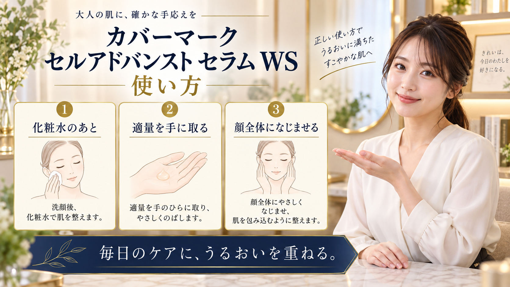 カバーマーク セルアドバンスト セラム WS 使い方を3ステップで示すアイキャッチ