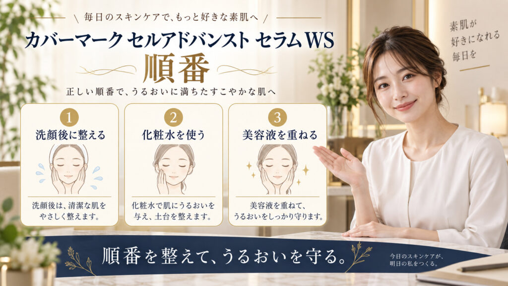 カバーマーク セルアドバンスト セラム WS 順番を3ステップで示すアイキャッチ