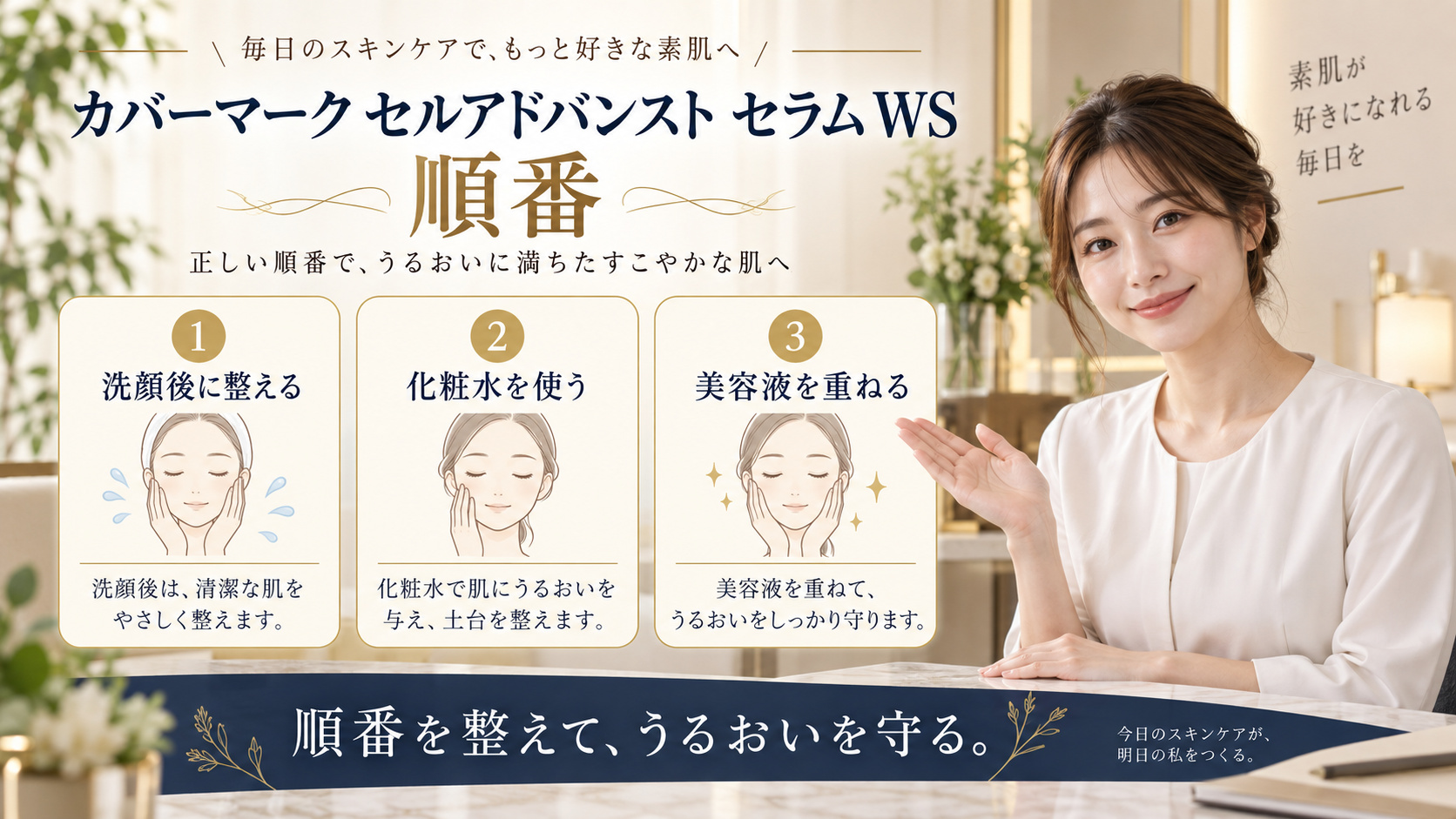 カバーマーク セルアドバンスト セラム WS 順番を3ステップで示すアイキャッチ