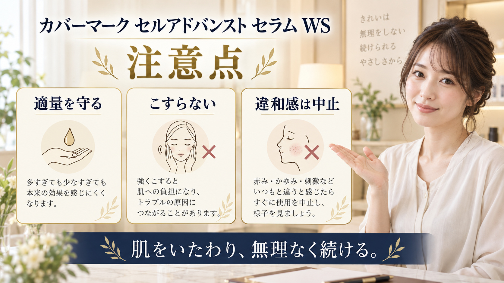 カバーマーク セルアドバンスト セラム WS 注意点を3ステップで示すアイキャッチ