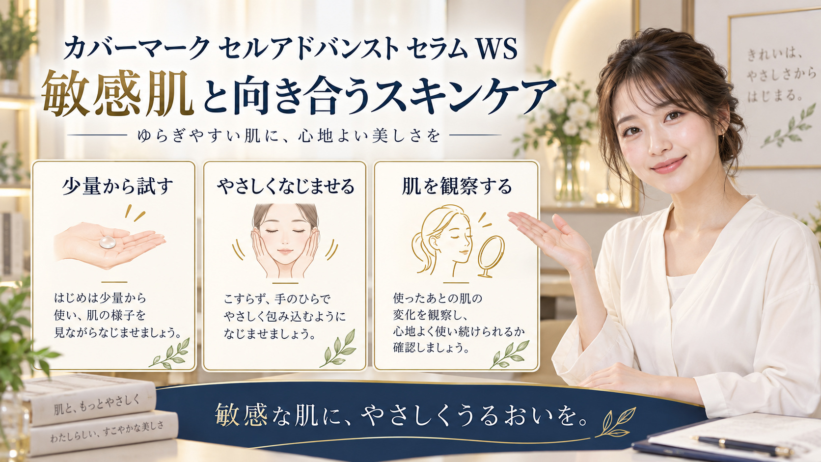 カバーマーク セルアドバンスト セラム WS 敏感肌を3ステップで示すアイキャッチ