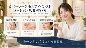 カバーマーク セルアドバンスト ローション WR 使い方を3ステップで示すアイキャッチ