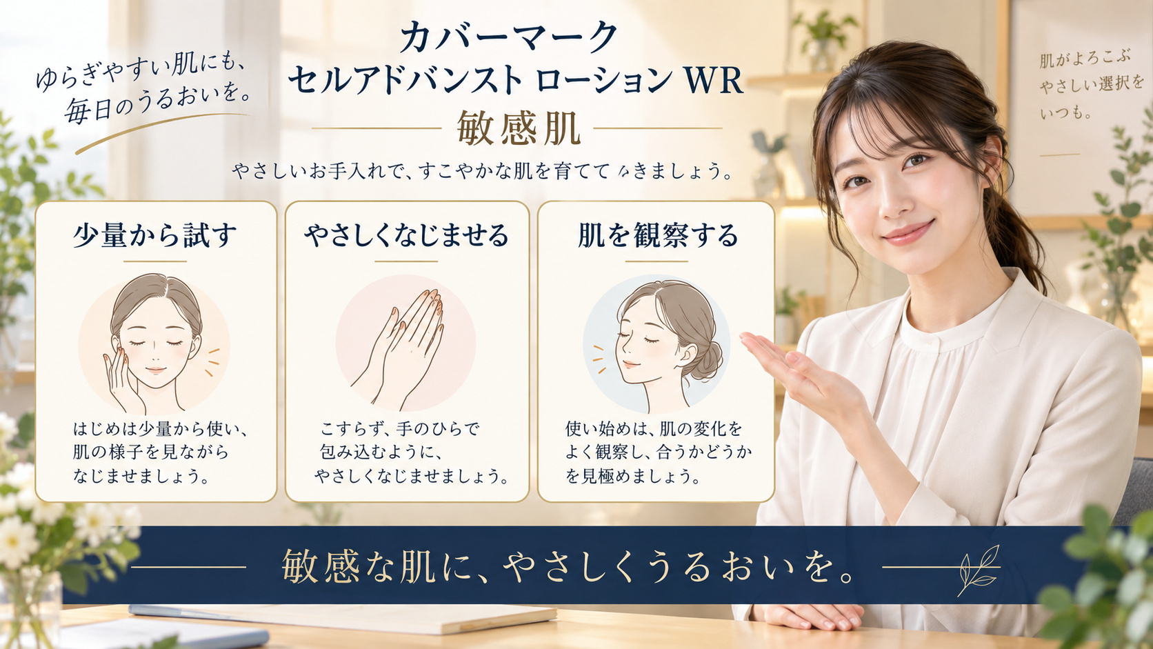 カバーマーク セルアドバンスト ローション WR 敏感肌を3ステップで示すアイキャッチ